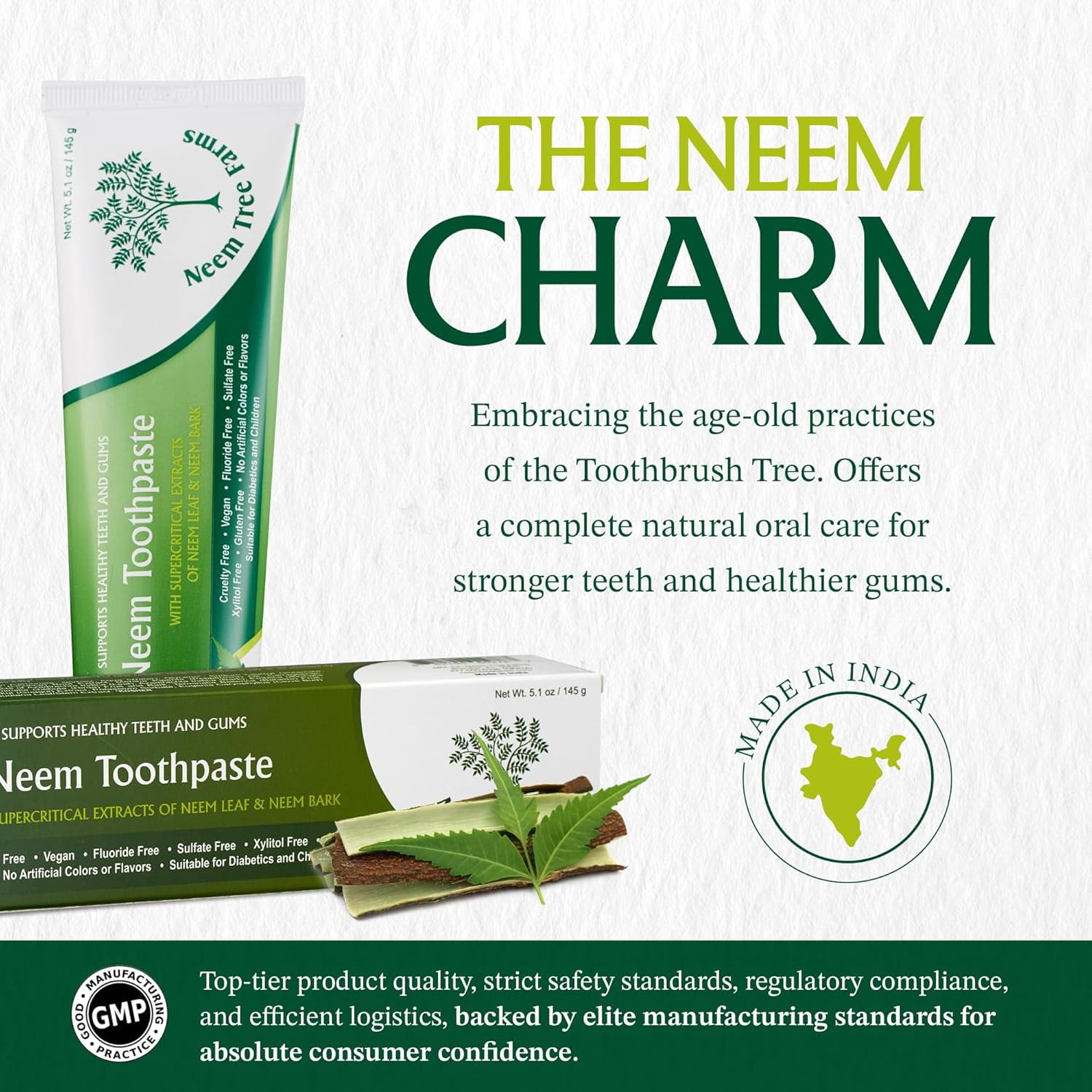 Neem Tree Farms Neem Toothpaste for Adult & Children, Fluoride Free, Clove & Stevia - 5 oz (4 Pack)