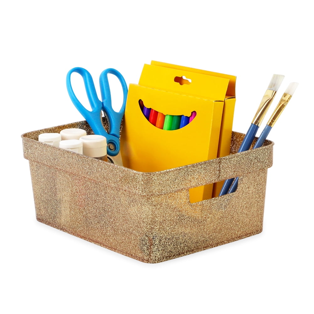 Isaac Jacobs 4-Pack Small Gold Glitter Storage Bin Set with Cut-Out Handles, Plastic Organizers