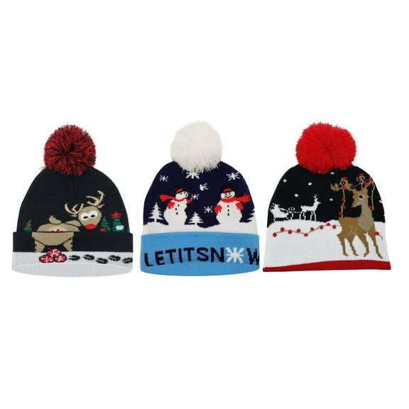 Ayla 3 pack Kids Girls Winter Pom Pom Beanie Christmas  Hats Baby Caps