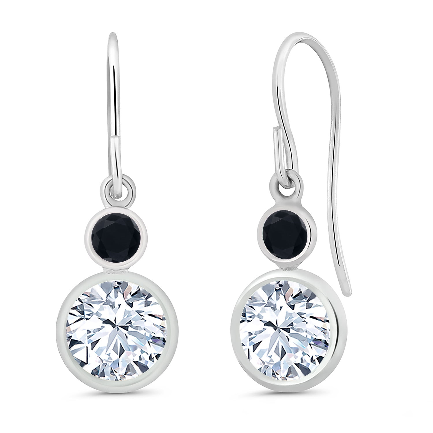 Gem Stone King 925 Sterling Silver White Topaz and Black Onyx Leverback Dangle Earrings for Women (2.00 Cttw, Round 6MM)