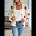 thumbnail image 4 of Blusa de Punto Grueso con Cuello en V y Larga con Bordado de Fresas Kawaii para Mujer Crema S, 4 of 10