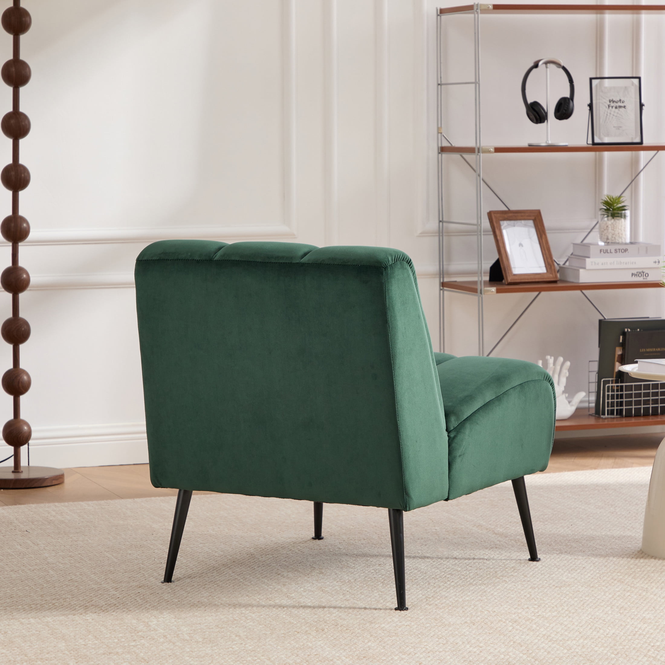 Noble House Ashton 24.4" Velvet Armless Accent Chair, Modern Upholstered Lounge Chair with Metal Legs, Green