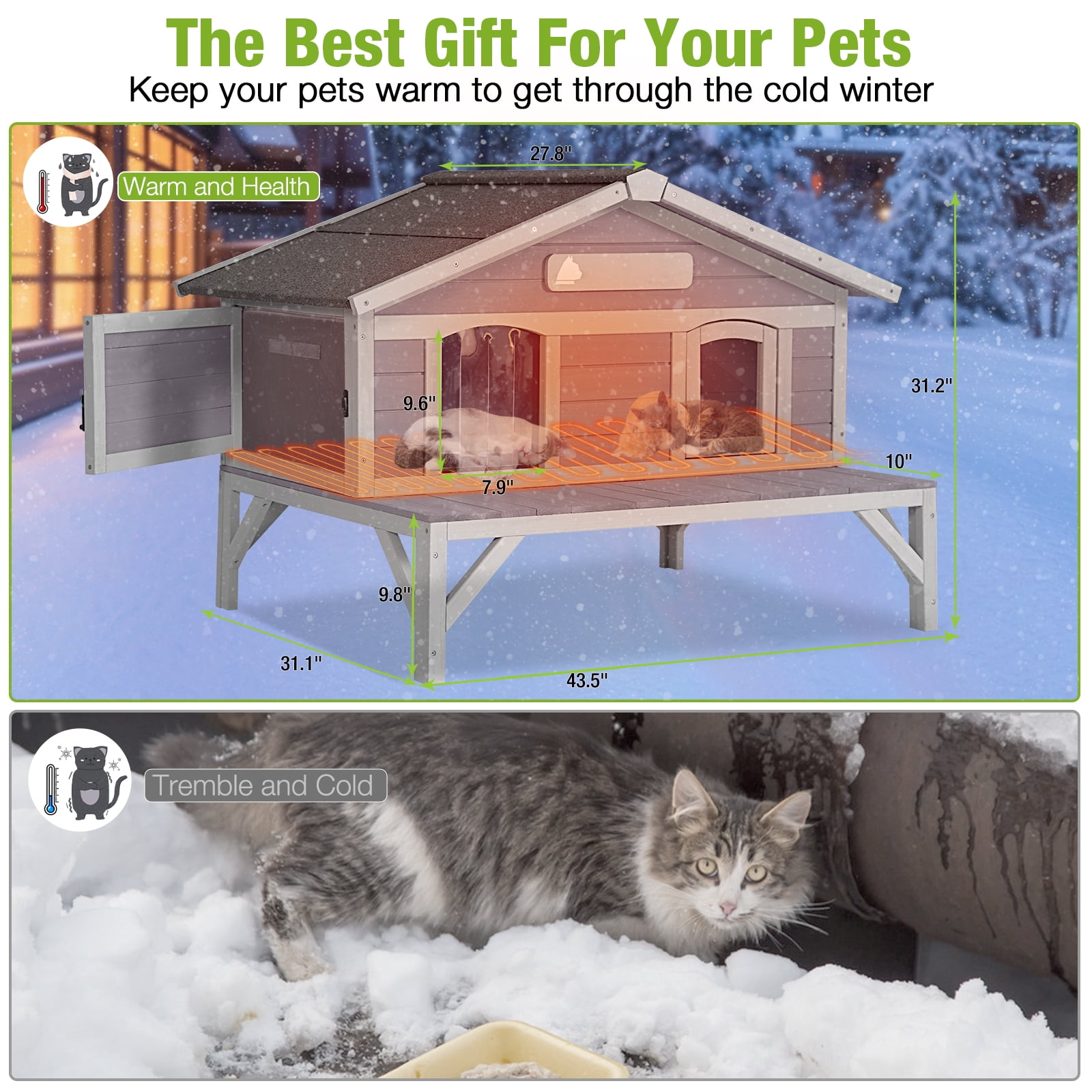 Aivituvin Heated Outdoor Cat House for Outside Insulated Feral Cat Sheter for Winter with Insulated Liner and Heater, Raised Leg, Large Porch