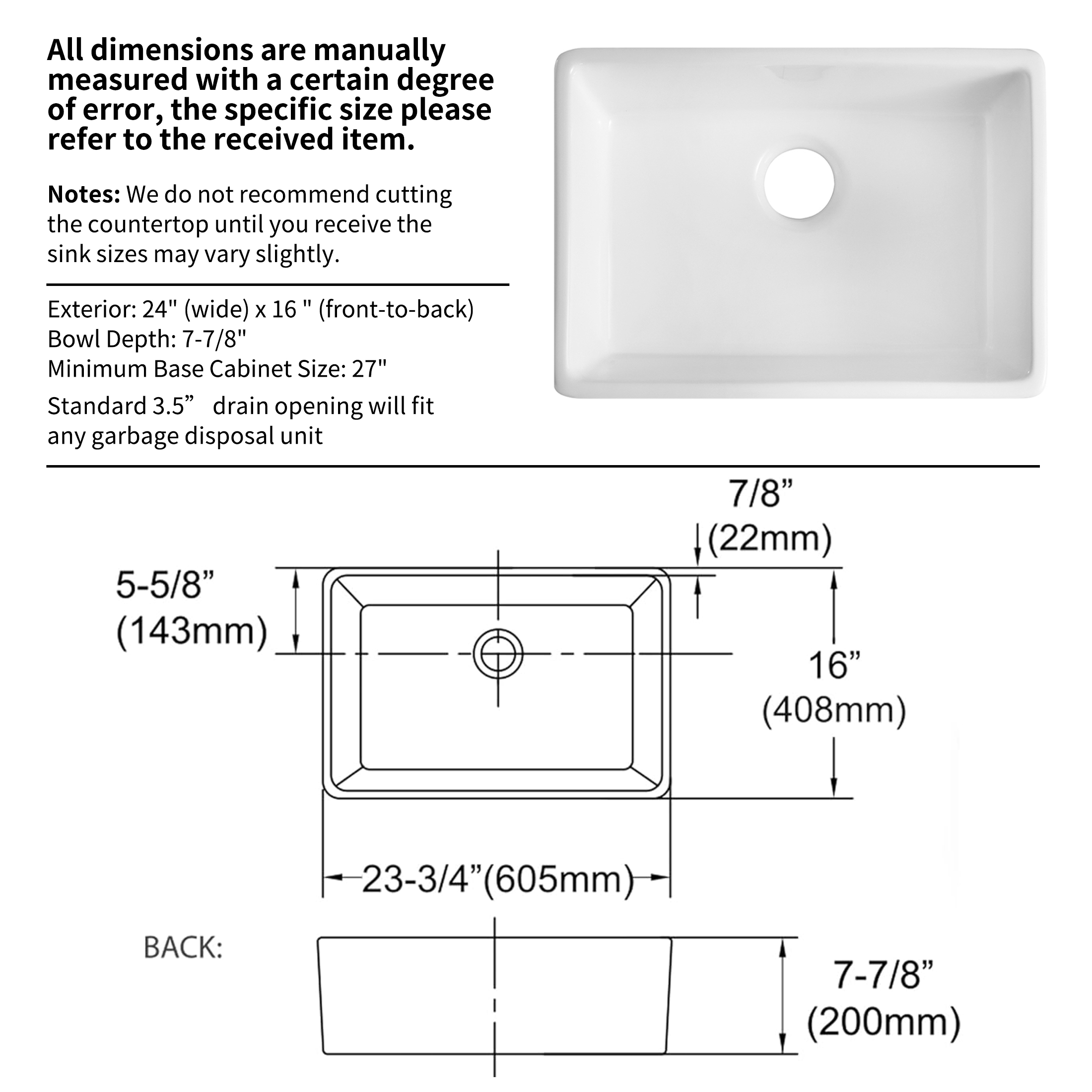 24 Inch White Farmhouse Sink-White Farm Sink for Small Kitchen and Laundry, Luxury Apron Front  Fireclay Porcelain Ceramic ink Single Basin with Bottom Grid and Strainer
