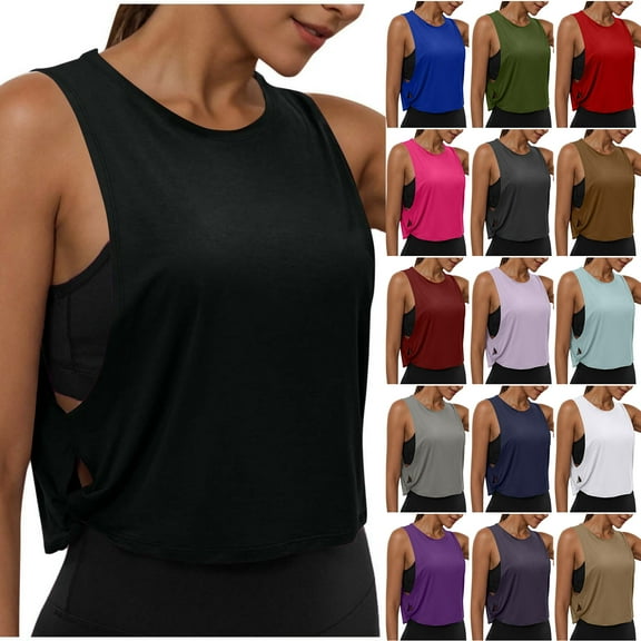 Otntypg Cotton Cropped Workout Tank Tops for Women Loose Fit Casual Side Tie Hollow out Sleeveless Sports Athletic Yoga Running Gym Crop Shirts Blue M