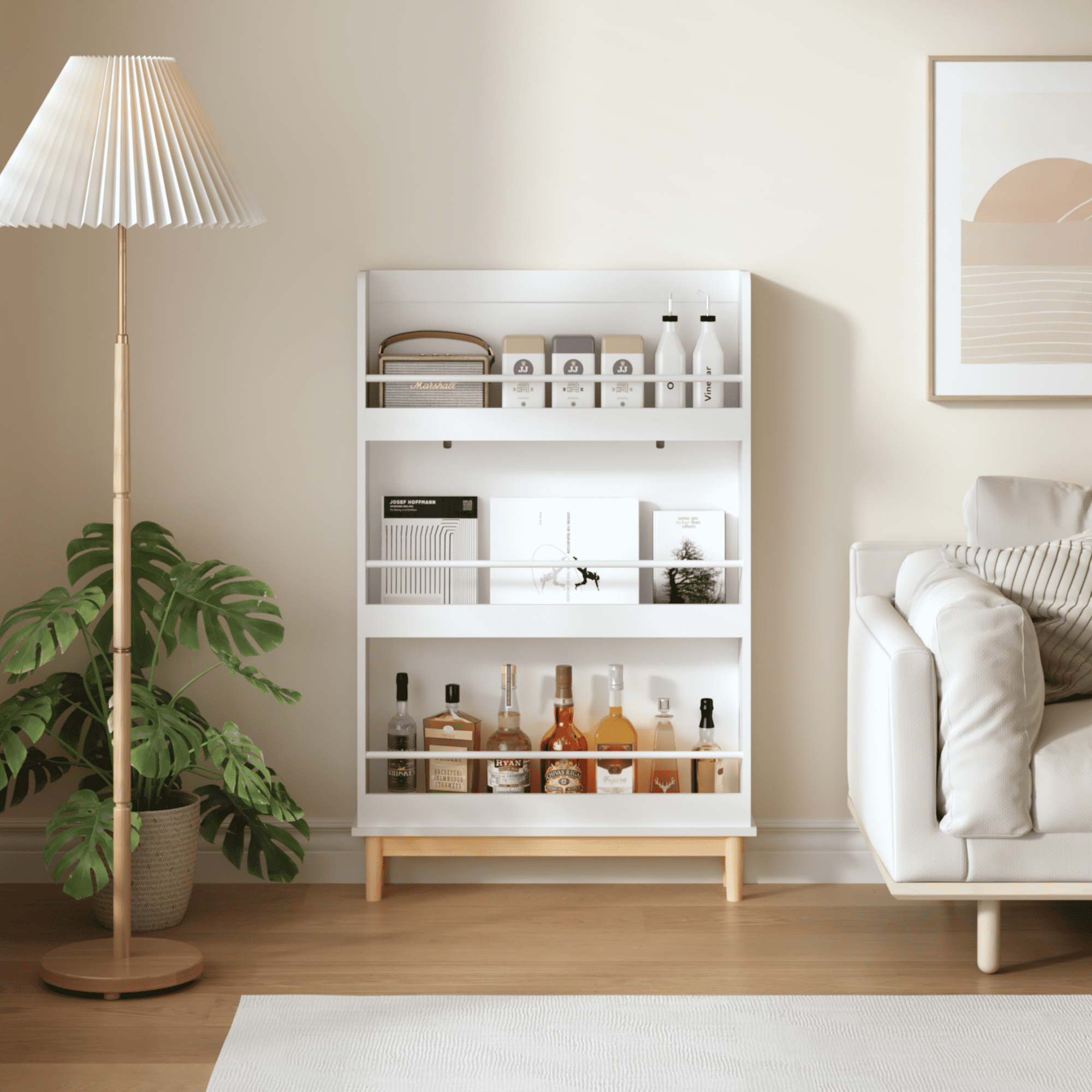 Wall-Mounted Kids Bookshelf - White 4-Shelf Book Display with Wood Base (28.74" X 5.91")