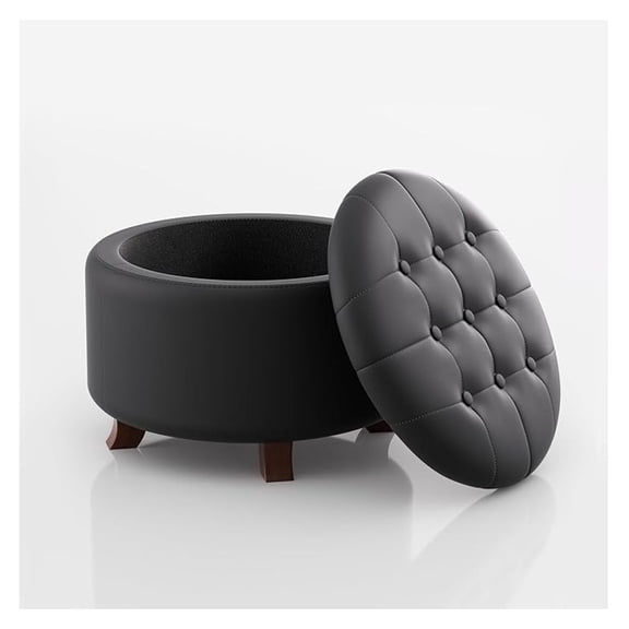 WDZS Round Ottoman with Storage, 24.5 Dia. x 17 H Inches PU Leather Footstool with Legs, Small Foot Rest Ottoman for Bedroom, Living Room, Decorative Home Furniture, Black