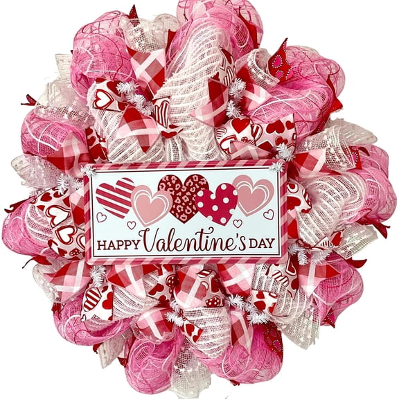 14" Valentines Day Mesh Wreath for Front Door,Handmade Red & Pink Deco Mesh Wreath with Wooden Sign,Romantic Heart Ribbon Door Hanger for Valentine Decorations