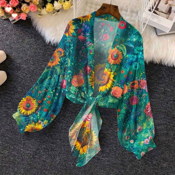 KIHOUT Women's Tie Front Chiffon Blouses Long Lantern Sleeve Printed See Through Dressy Casual Shirts Cardigan