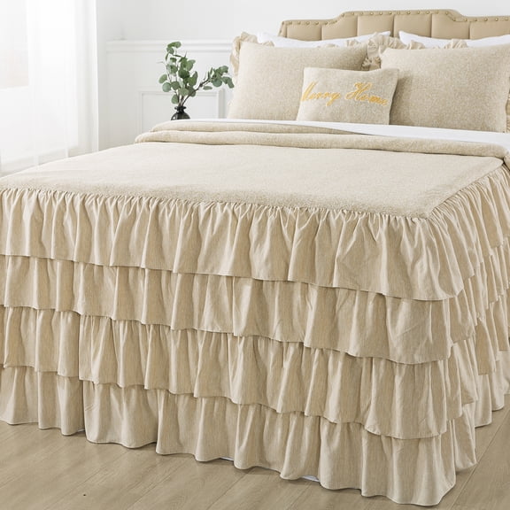 JML Knitted Ruffle Skirt Bedspread 3 Piece,30" Drop Bed Skirt Coverlet,Queen,Camel