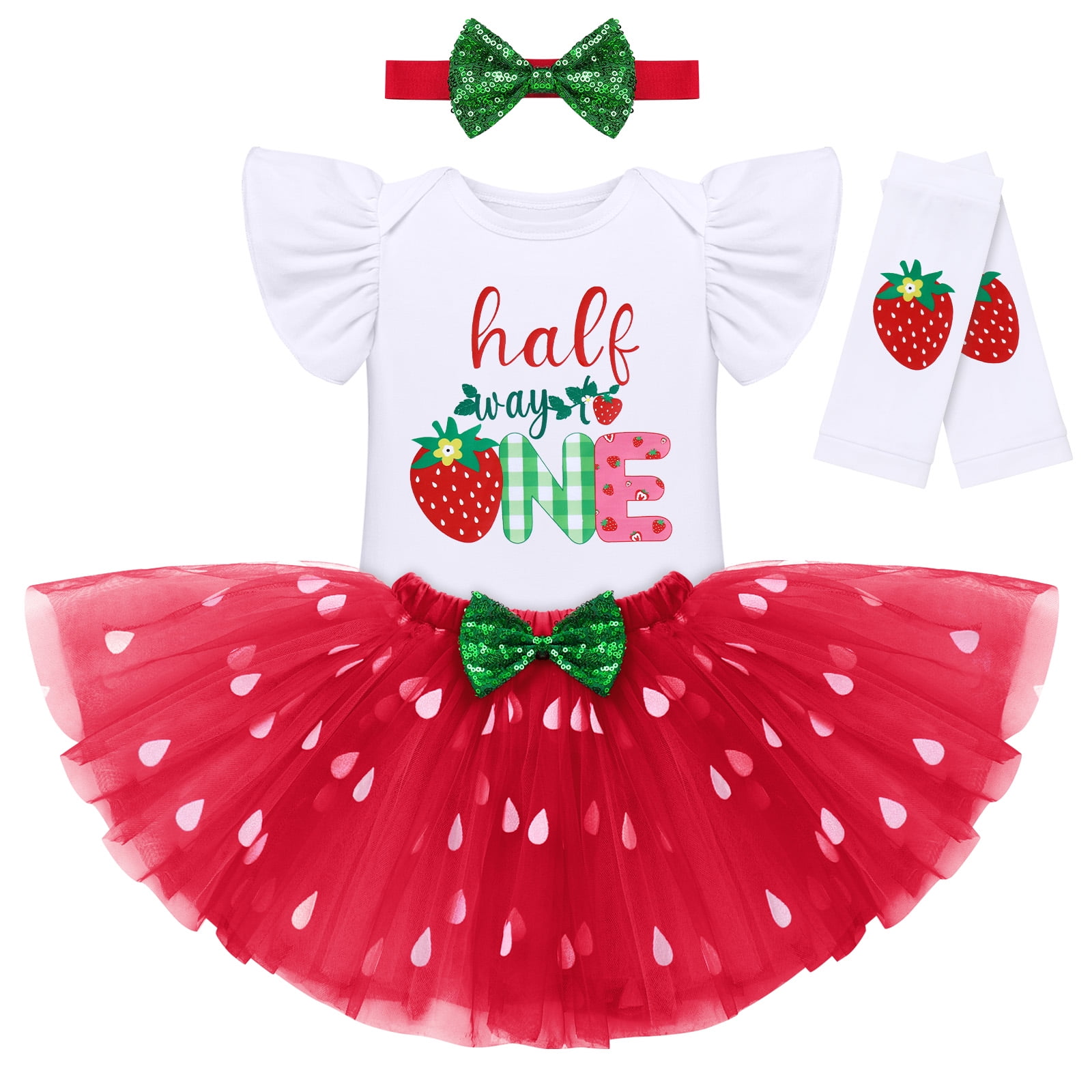 IBTOM CASTLE Baby Girls Strawberry 1/2 1st 2nd 3rd Birthday Outfit Romper Tutu Skirt Headband Leg Warmers for Cake Smash Photo Shoot 6 Months Red Strawberry - Half Way to One