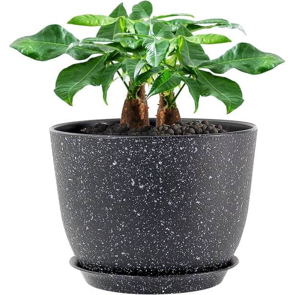 AISUO 12 Inch Large Modern Plastic Plant Pot, Planter with Drainage Holes & Matching Saucer, Indoor Outdoor Flower & Garden Plant Container, Black Speckles