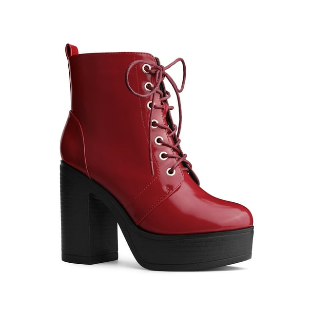 Unique Bargains Bottes de Combat Western à Plateforme à Lacets à Talon Épais pour Femme Rouge (Taille 6)