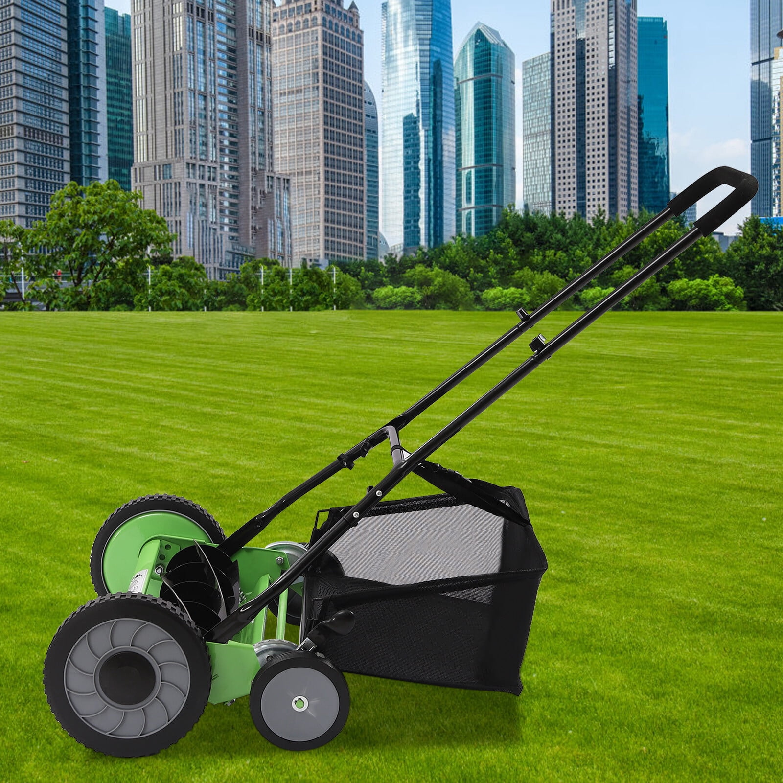 Manual Push Reel Lawn Mower, 20-Inch 5-Blade with 9-Position Height Adjustment, Grass Catcher, Low Noise Operation for Garden and Yard