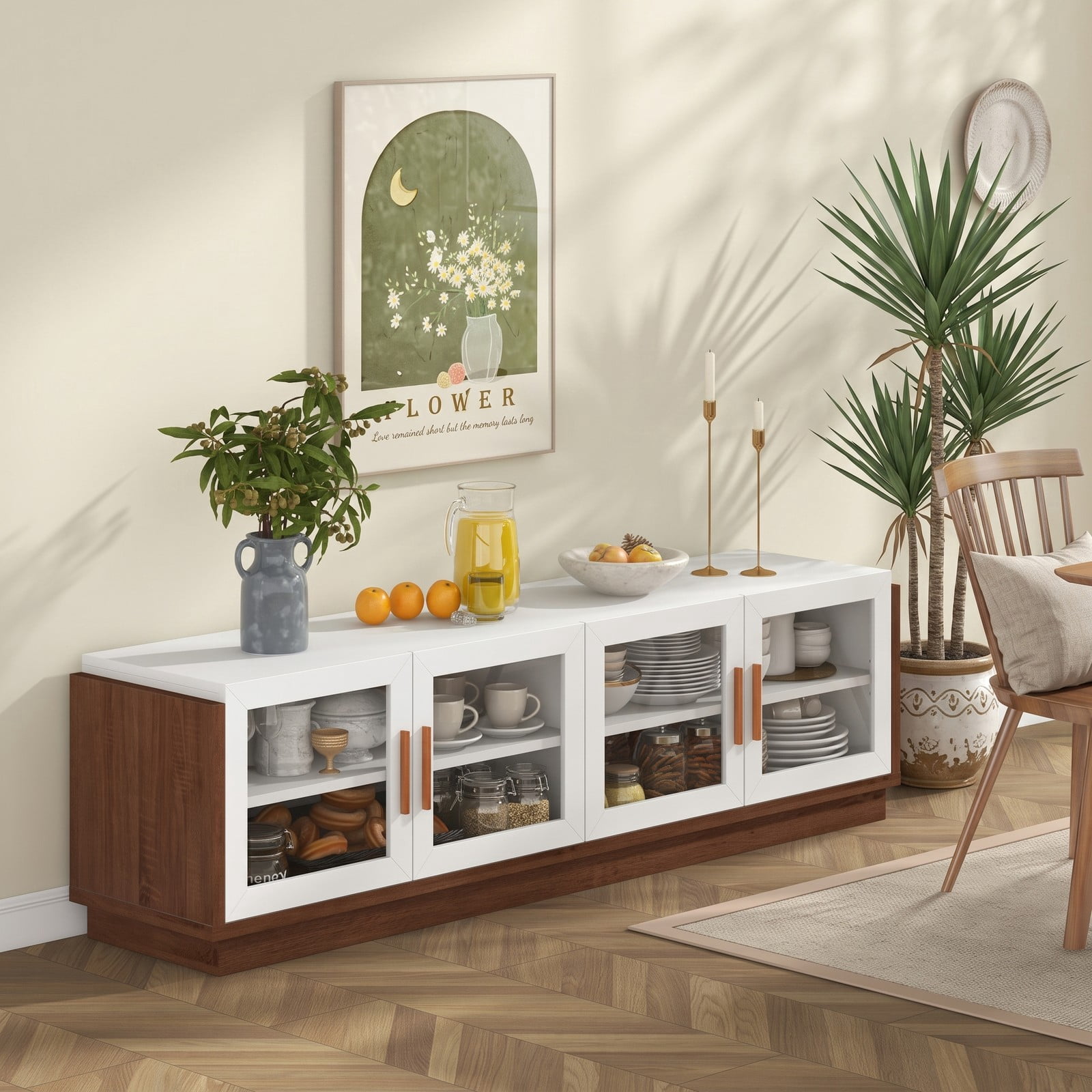 Furnibear Large TV Stand for TVs up to 75 Inch, Modern Entertainment Center with 4 Tempered Glass Doors, 2 Cabinets and Adjustable Shelves, Cable Management, White