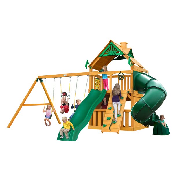 Gorilla Playsets Mountaineer Clubhouse Wooden Swing Set with Wood Roof