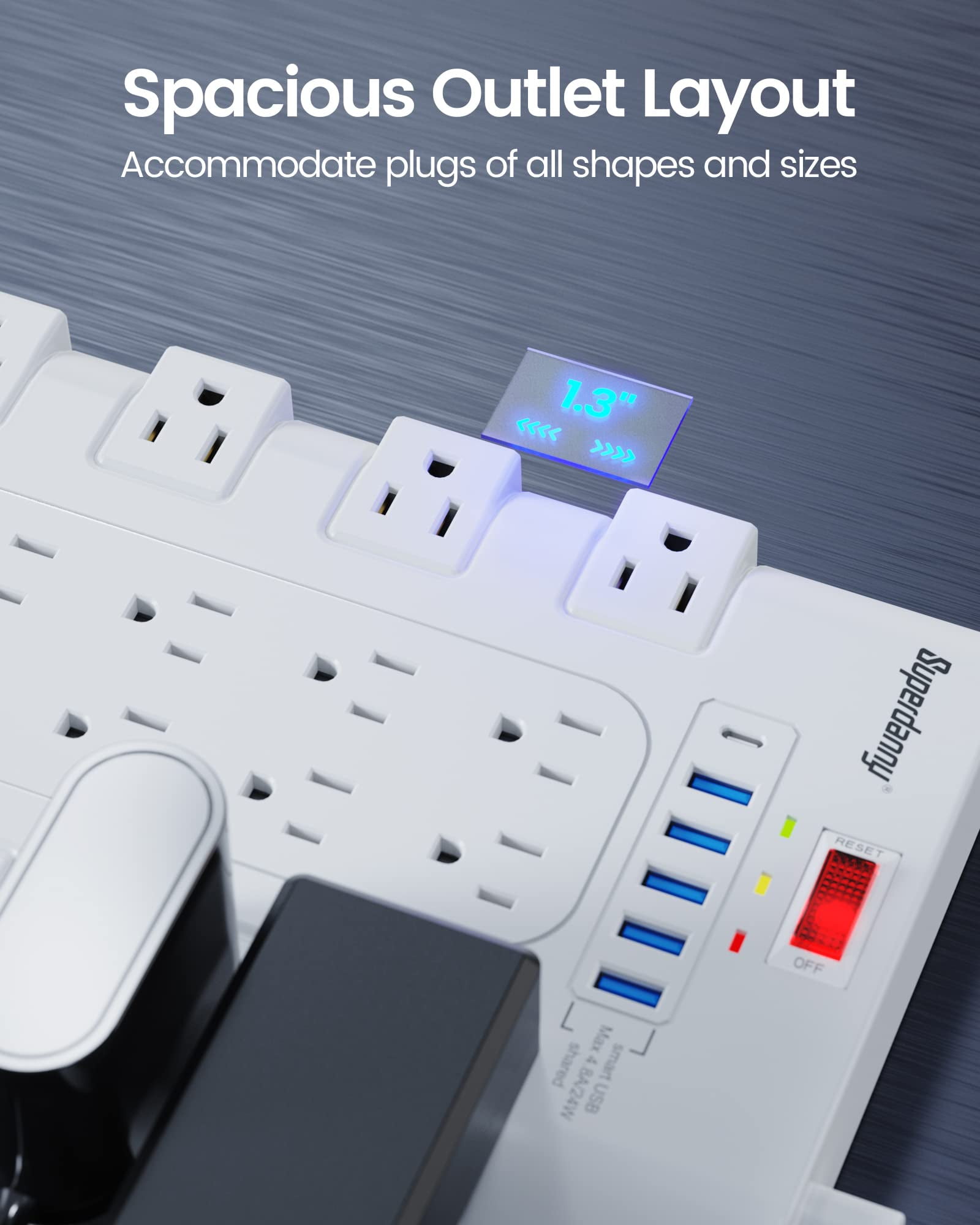 SUPERDANNY Surge Protector Power Strip with 22 AC Outlets and 6 USB Ports 6.5Ft Extension Cord White