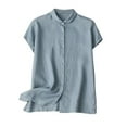 thumbnail image 2 of pstuiky Tops for Women Plus Size Solid Color V-Neck Womens Linen Shirt Cotton and Linen Loose Fit Short Sleeve Tie Front Basic Tees Light Blue XXXL, 2 of 6