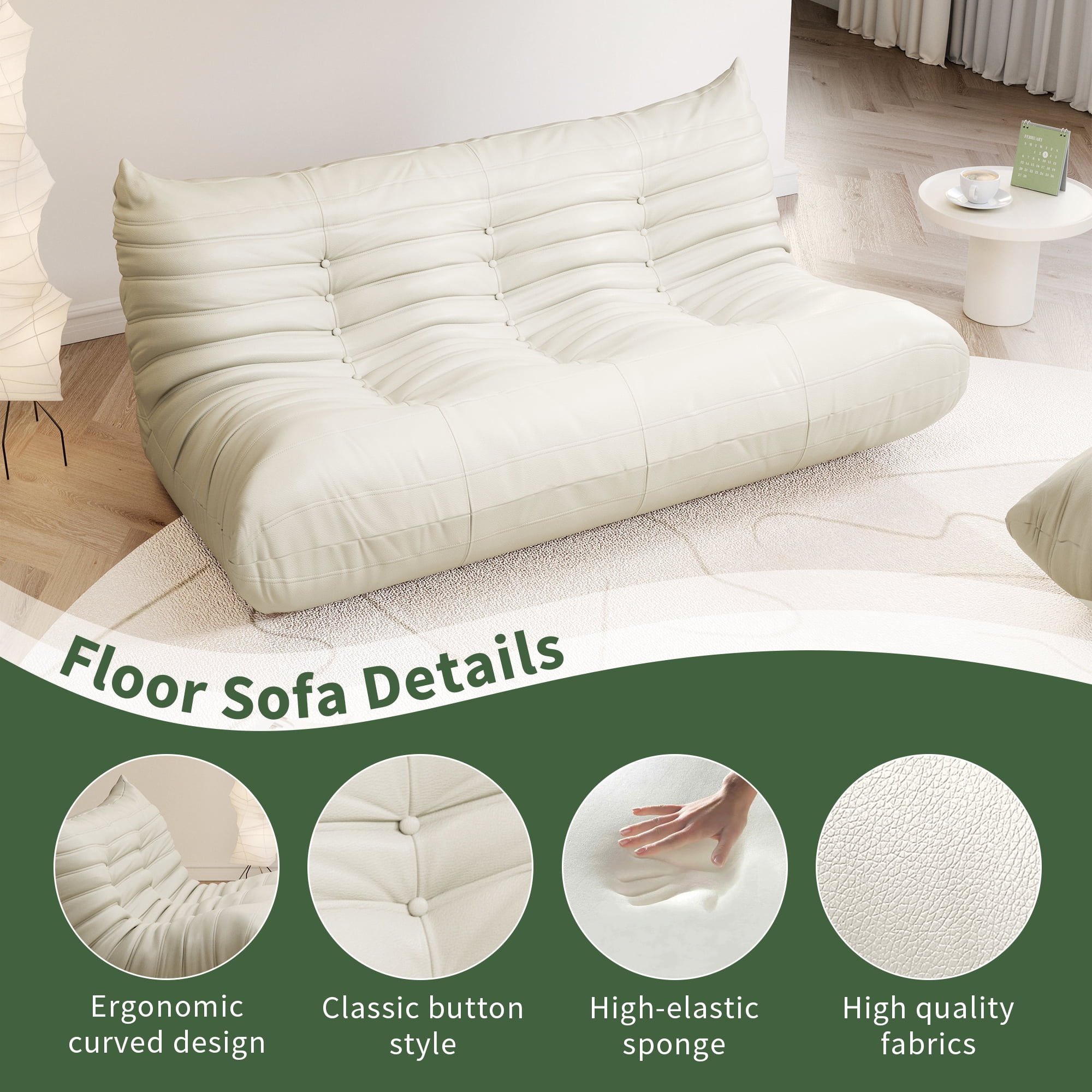 Gtilzria Lazy Sofa, Bean Bag Chair for Adults Comfortable Floor Couch, 3 Seat Fireside with Faux Leather Lounge Chair for Living Room, Bedroom, Beige