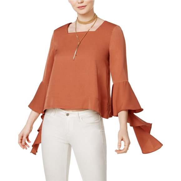 JOA Blusa campesina con volantes para mujer, marrón, pequeña