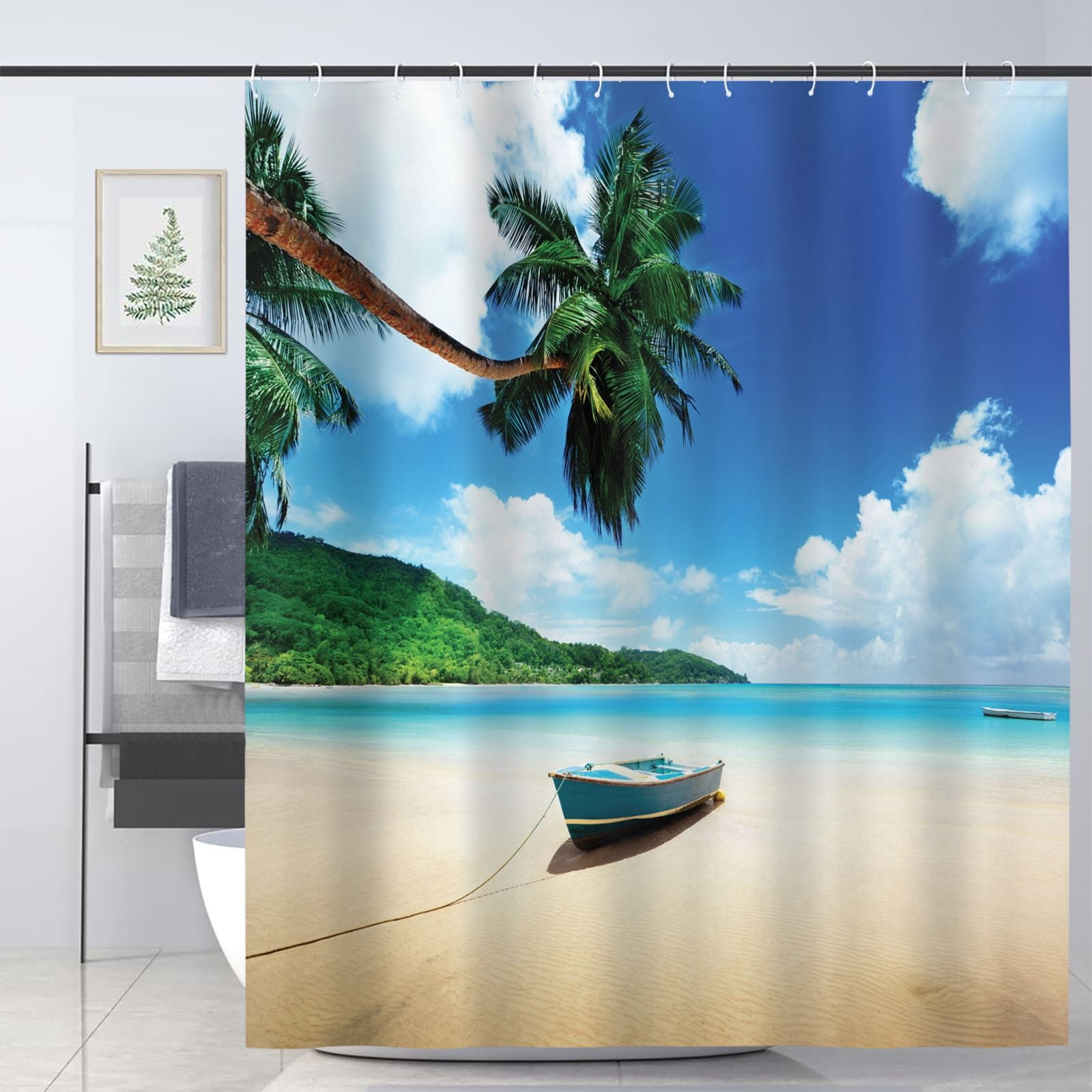 Ocean Coastal View Boat On The Beach Mahe Lagoon Shower Curtain for Bathroom Decoration Fabric Shower Curtain set,72x72