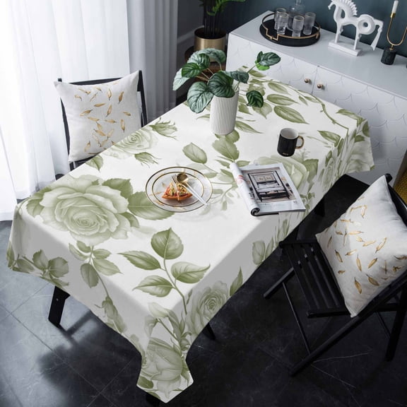 Sage Green Flower Tablecloth Rectangle Table Cloth 60x120 , Waterproof Tablecloth Outdoor Table Cloth, Vintage Country Rose Leaf Floral Washable Table Cover for Kitchen Dining Party