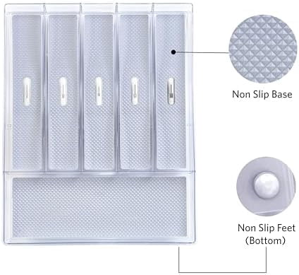 Silverware & Utensil Drawer Organizer - Divided Clear Plastic Storage Tray with 6 Compartments for Kitchen Flatware and Cutlery - BPA Free, Food Safe, Non Slip, 12x15 inches