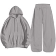 thumbnail image 5 of Zynoxe womens sweatsuits 2 piece set relaxed long sleeve drawstring hooded sweatshirt & curved wide leg sweatpants suit soft fleece lounge sets for women loose solid color track suits with pocket L, 5 of 7