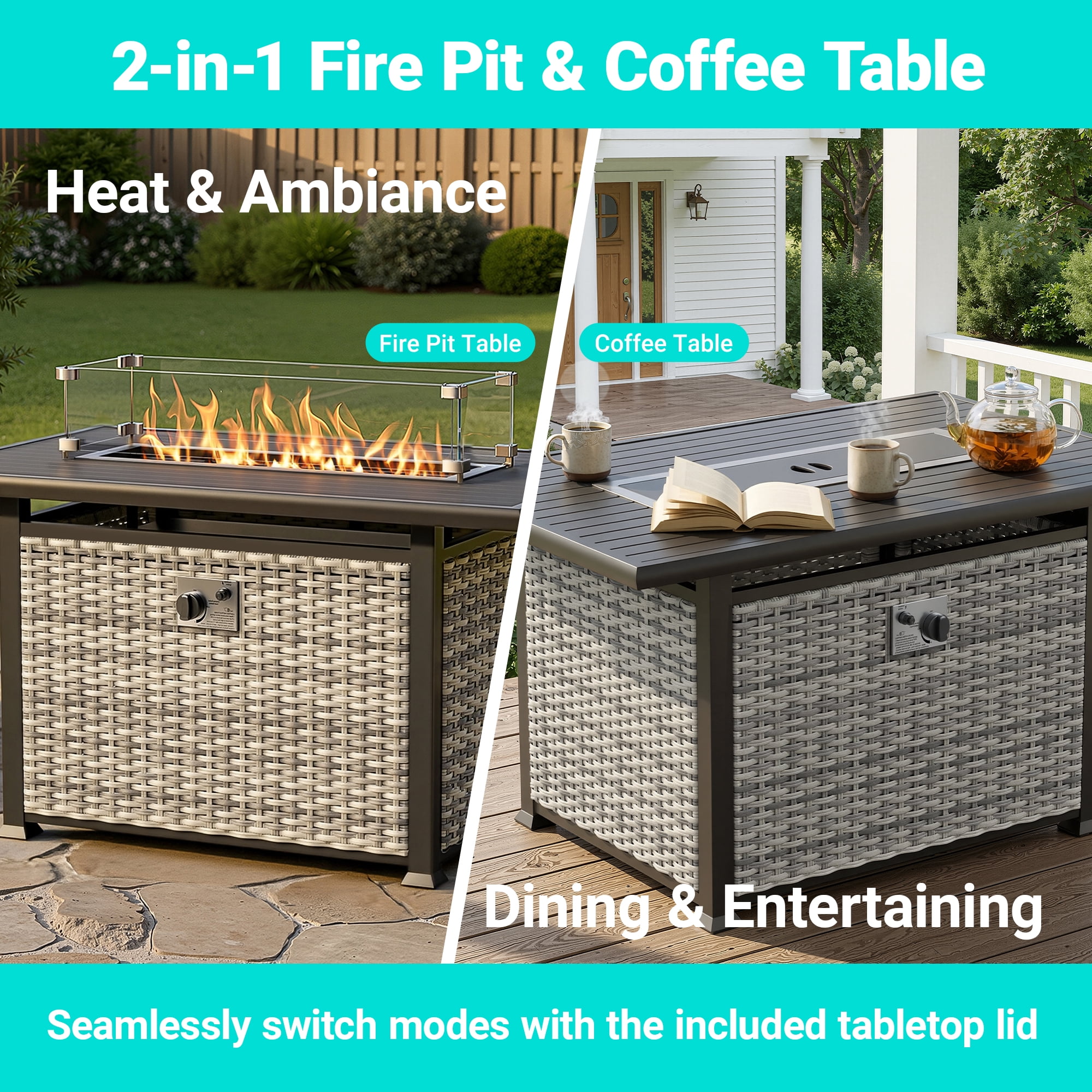 Muphyers 9-Piece Wicker Swivel Rocker Chairs Set with 55000BTU Fire Pit Table & Ottomans, All-Weather Outdoor Patio Furniture Set, Conversation Set for Backyard Porch Deck Garden,Dark Green