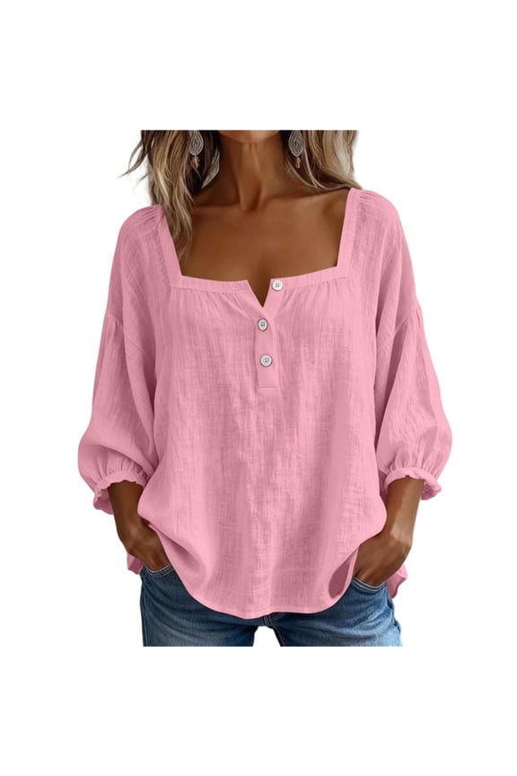 3/4 Sleeve Linen Shirts for Women Square Neck Button up Shirt Lightweight Casual Loose Summer Peasant Blouses