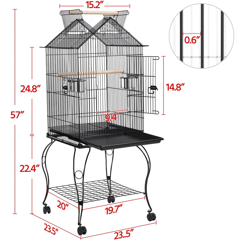Renwick 57" Open Top Metal Parrot Cage with wheels, Black