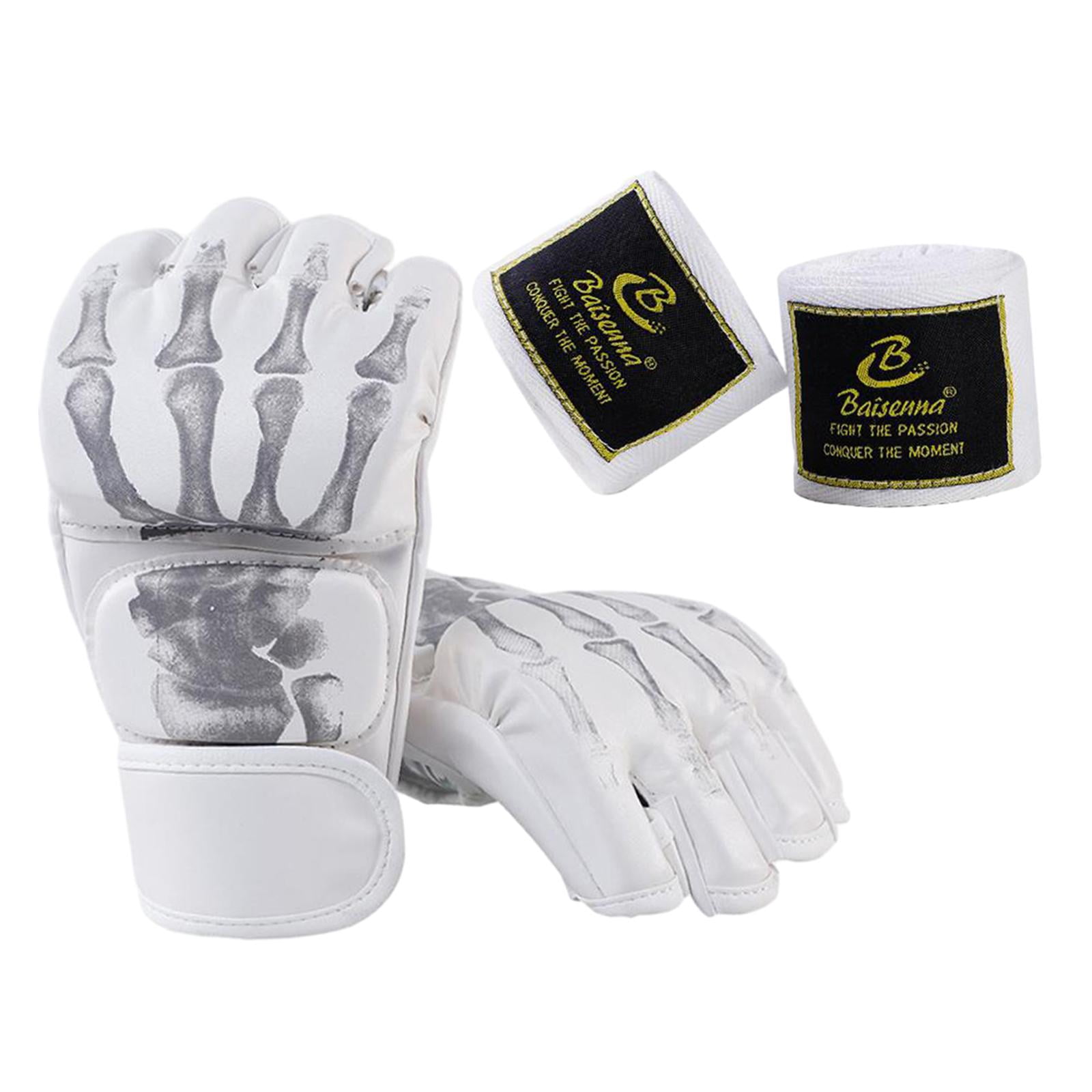harayaa Boxing Gloves Protective Gear Open Palm MMA Half Mitts Lightweight Breathable PU White Skeleton