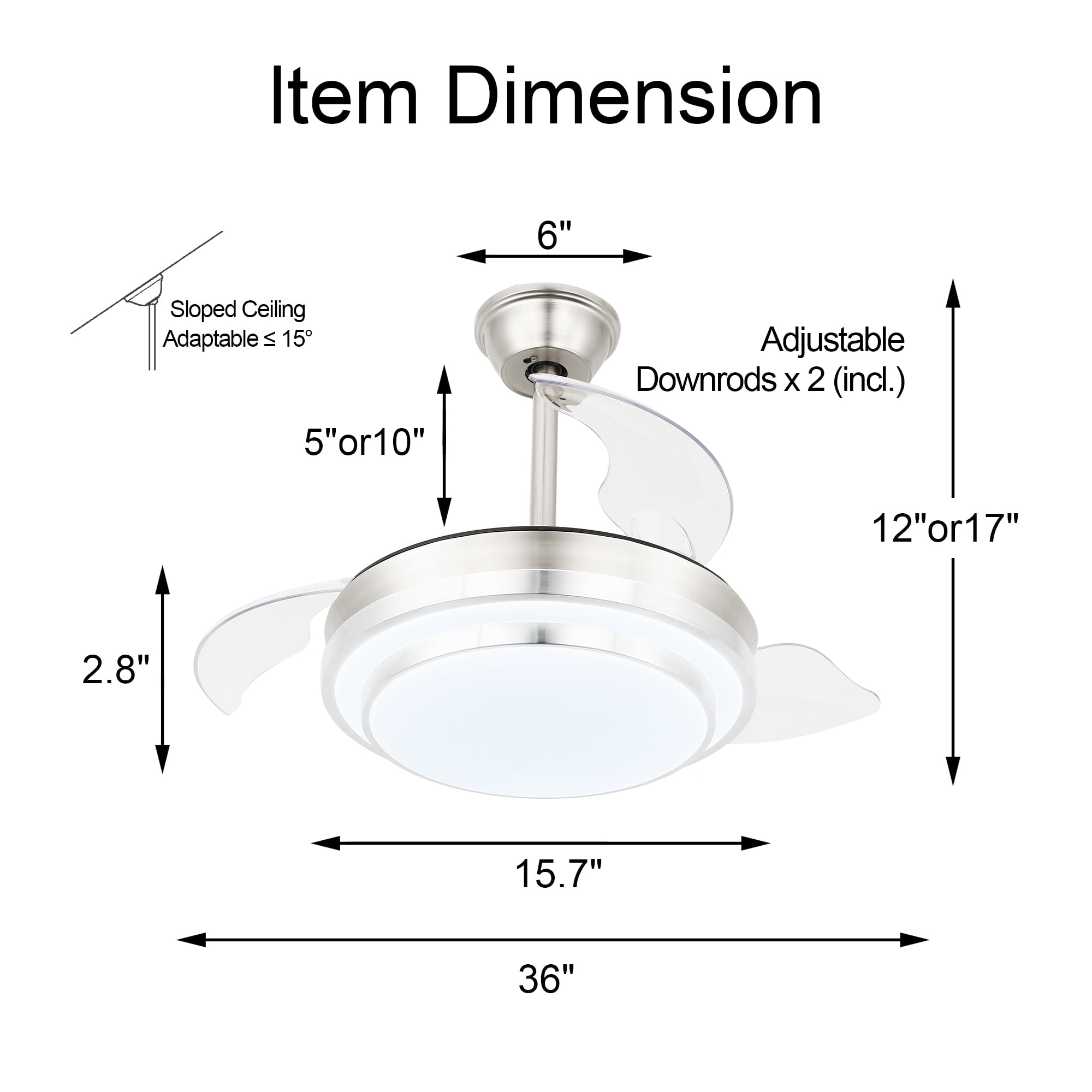 36" Retractable Ceiling Fan With Remote Control and Light Kit, Silver Modern Reversible Ceiling Fan