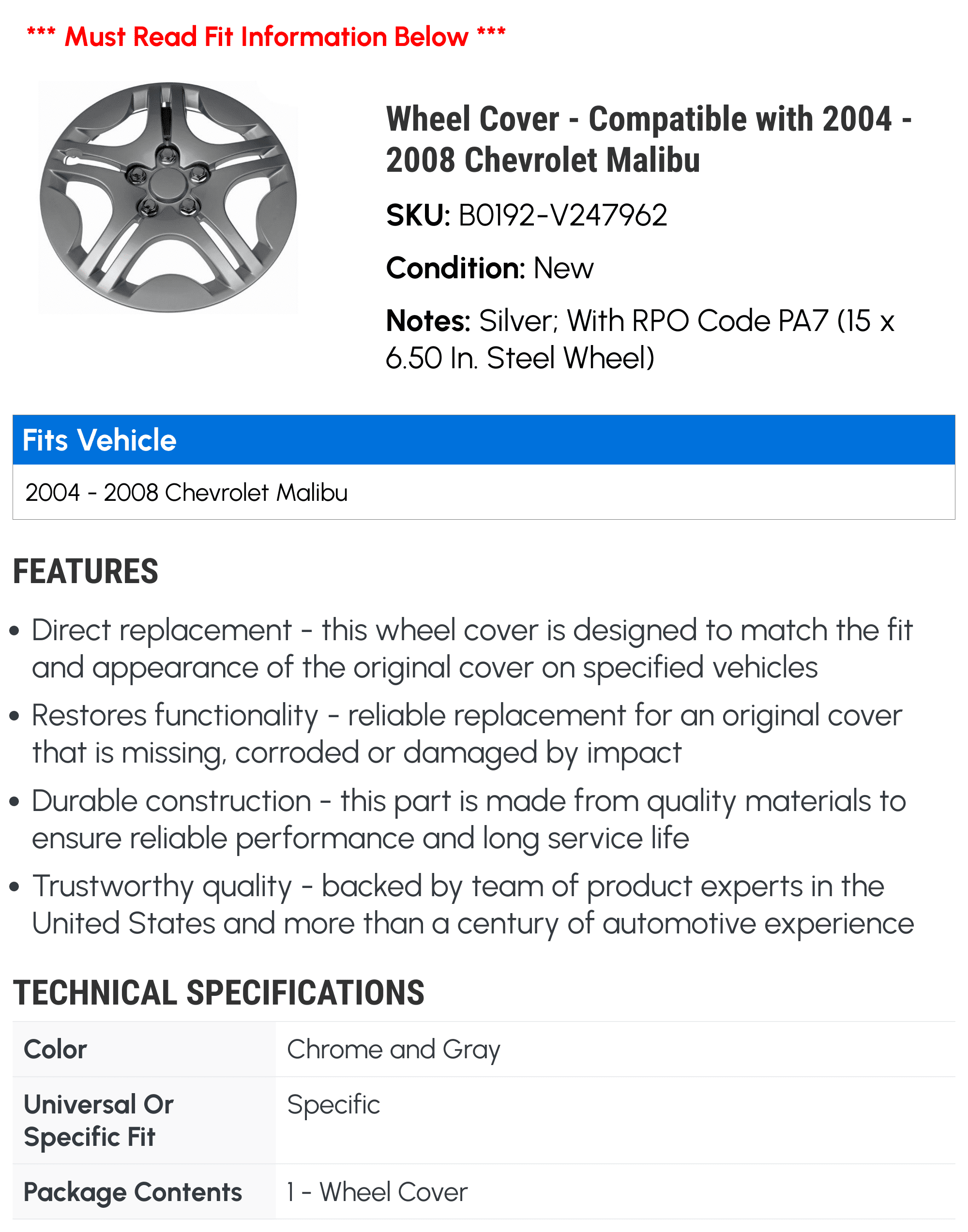 Wheel Cover - Compatible with 2004 - 2008 Chevrolet Malibu - Dorman