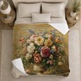 thumbnail image 5 of Cream and Rose Bouquet in Stone Urn Soft Flannel Blanket, Graceful Vintage Home Decor for Cottage Floral Lovers, Valentine's Day Gift with Golden Garden Mood for Bedroom and Sunroom, 5 of 9