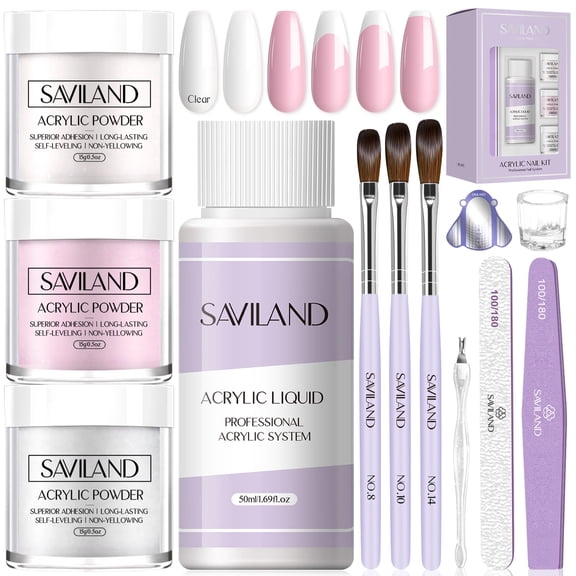 Saviland Acrylic Nail Kit - 3 Colors White/Pink/Clear Acrylic Powder and Liquid Set with Mononer Acrylic Liquid, Acrylic Nail Brush for Nail Extension for Beginners