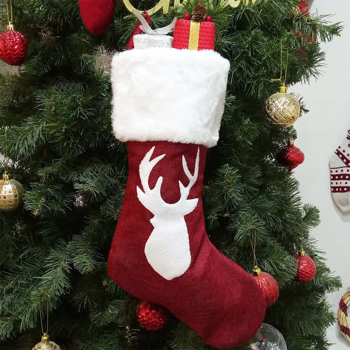 Vorkoi Plush Decorated Holiday Stocking for Tree and Fireplace, 2 Piece, Flannel Red, 18 x 79 in