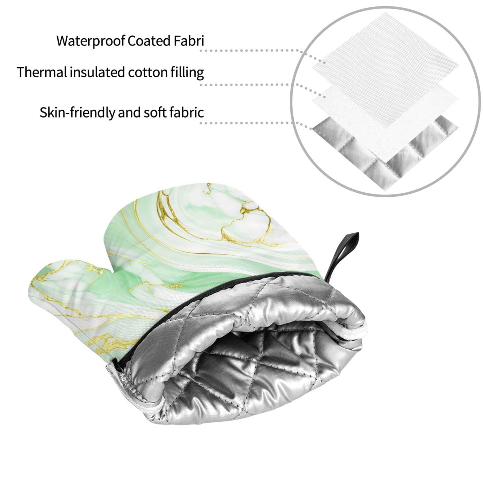 Naloa Green And Gold Abstract Marble Oven Mitts and Pot Holders 4 pcs Set, Cooking Baking Grilling Kitchen Oven Glove for Cooking