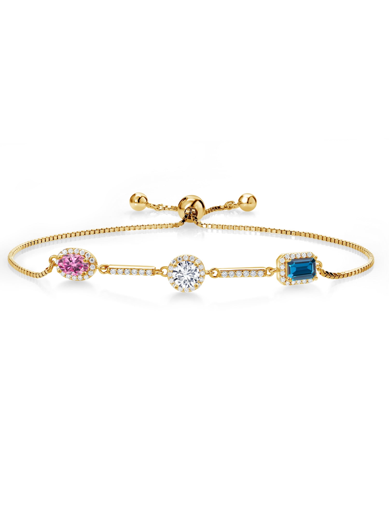 Keren Hanan 18K Yellow Gold Plated Silver 3 Stone Created Moissanite Fully  Adjustable Bracelet by Gem Stone King Oval Round Octagon Created Moissanite  