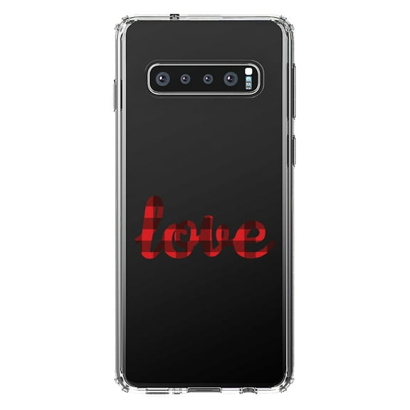 DistinctInk Clear Shockproof Hybrid Case for Samsung Galaxy S10  PLUS (6.4" Screen) - TPU Bumper Acrylic Back Tempered Glass Screen Protector - Buffalo Love - Red Black Plaid