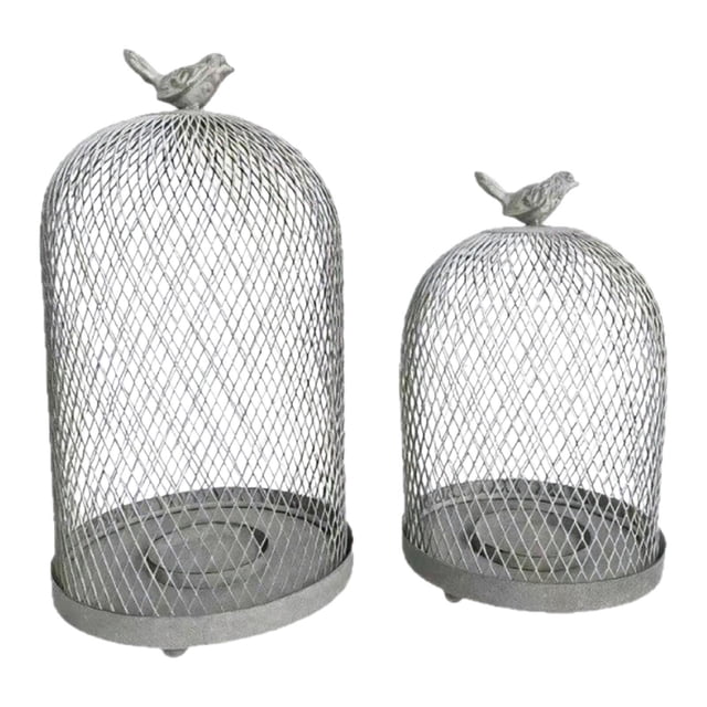 2 portavelas de metal decorativos con forma de farol, accesorios para fotos con detalles de pájaros, candelabro antiguo para exteriores, estilo granja