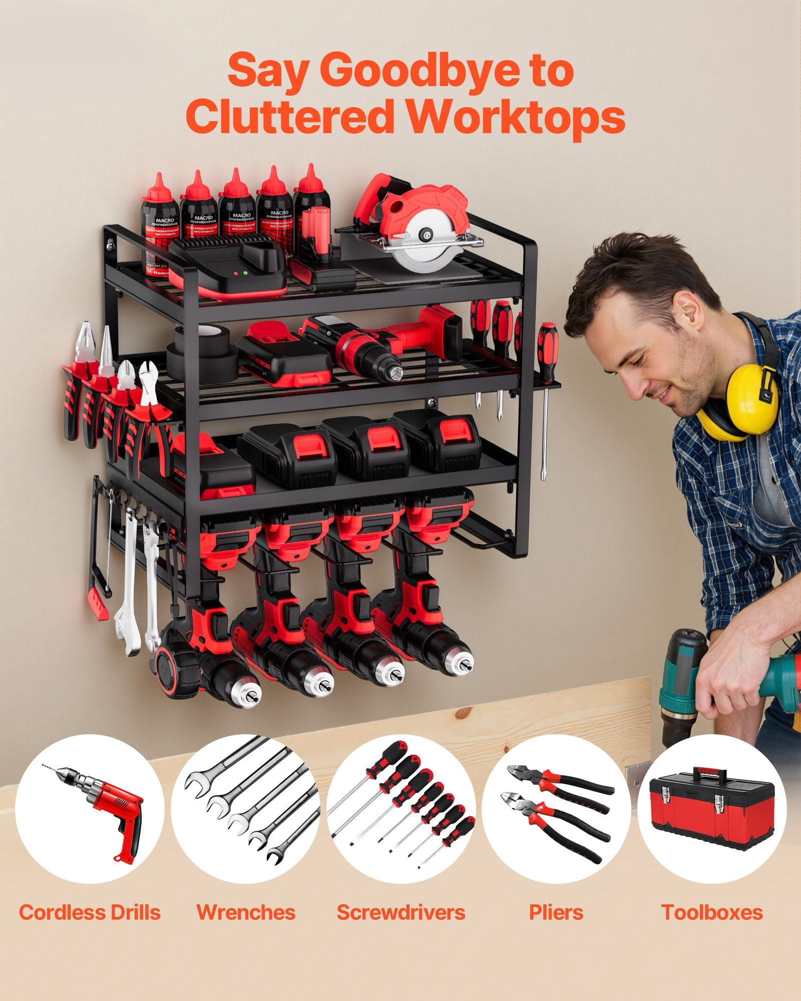 Power Tool Organizer Wall Mount, 4-Layer Storage Rack with 4 Drill Holders, Tools Holder and Storage Rack with Screwdriver Holder, Garage Tool Organizer for Garage, Workbench, and Workshop