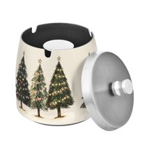 Yayeee Ashtray with Lid for Cigarette Smokeless Stainless Steel Home Ash Holder, Cartoon Christmas Trees