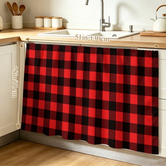 Black Red Plaid Cabinet Curtain 28"W x 51"L, Vintage Rustic Buffalo Checked Gingham Dust-Proof Privacy Curtain for Closet Shelves Self Adhesive, Sink Skirt for Bathroom Vanity Kitchen Laundry Room
