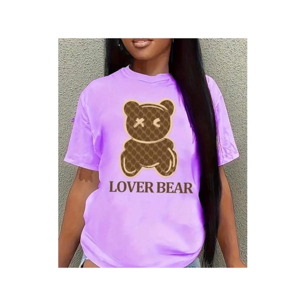 Playera Blusa Con Impresion De Oso Lover Bear Para Mujer Color Lila Talla Mediana Marca Emil SaEs