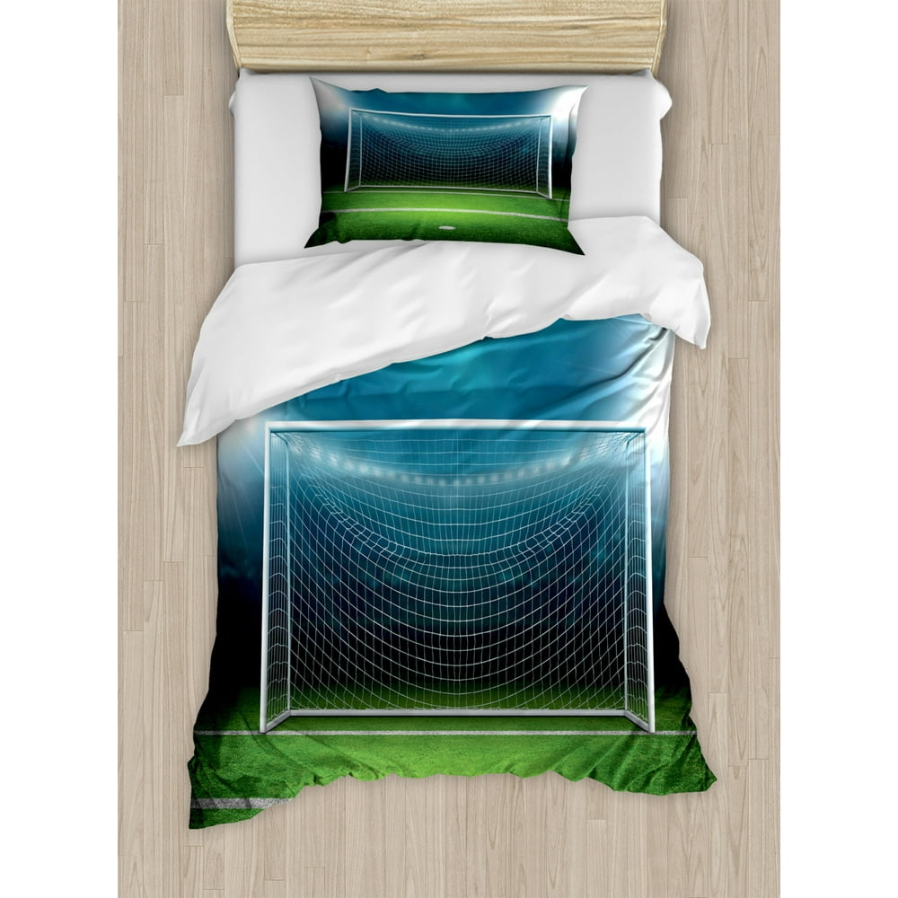 Soccer Duvet Cover Set Twin Size, Soccer Goal Post Sports Area Winner