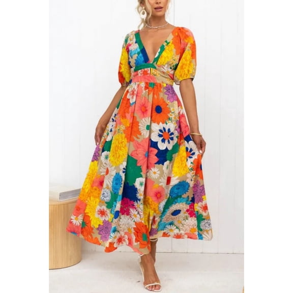 Women's V-neck printed puff sleeve casual vacation dress
