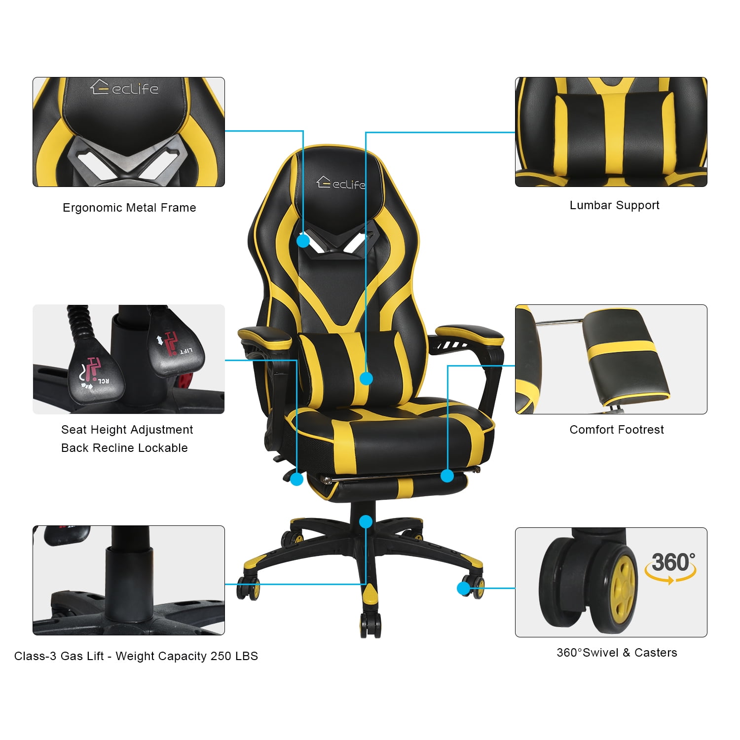 Massage Gaming Chair Ergonomic Office Chair Headrest Lumbar Support Racing Style PU Leather PC High Back Adjustable Swivel Task Chair with Footrest