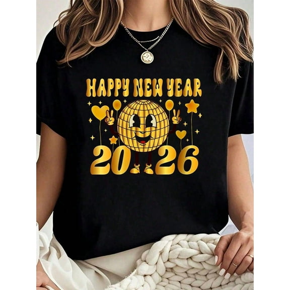 100% Cotton Womens Happy New Year 2026 Ballon Family Matching Women Men T-Shirt Summer Tees Women
