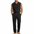 thumbnail image 2 of Ceisia Men Lapel Sleeveless Button Down Shirt and Belted Straight Leg Pants 2 Piece Linen Outfit Black XXL Gift, 2 of 8
